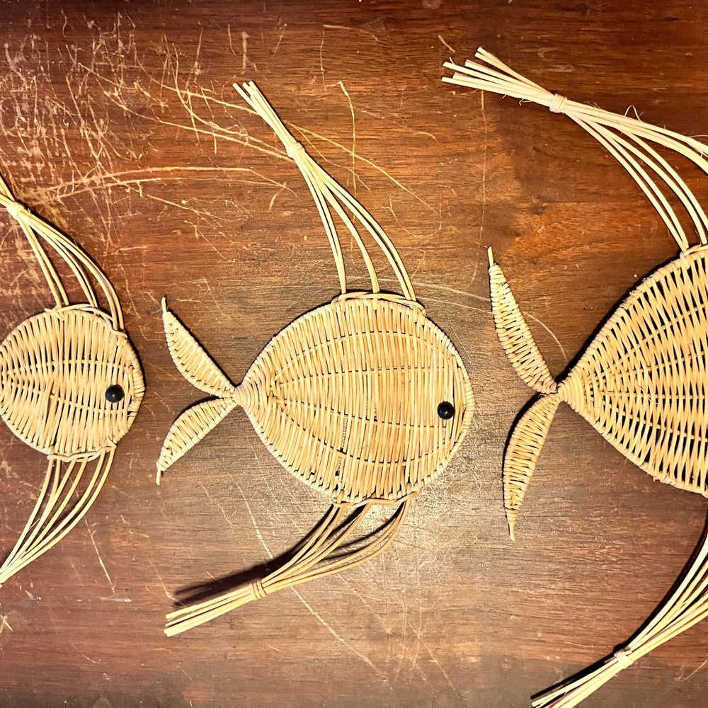 Vintage Wicker Fish Decor Set - Natural Brown
